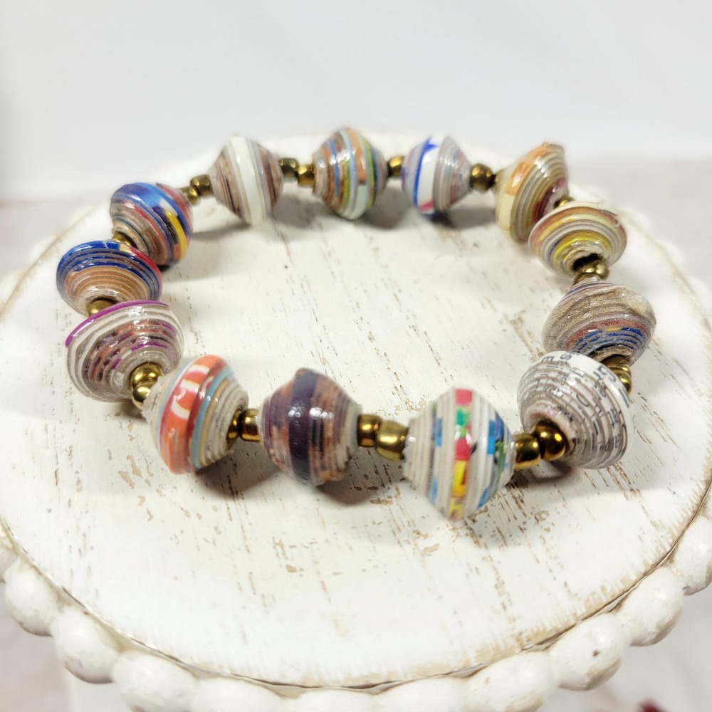 Colorful Rolled Paper Bead Stretch Bracelet, Boho Jewelry